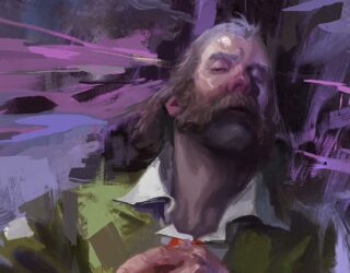 A painted picture of the moustachioed detective Harry from Disco Elysium.