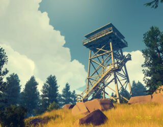 A watchtower overlooks a beautiful forest in Firewatch.