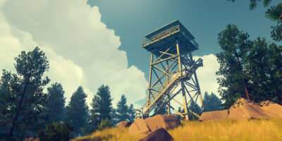 A watchtower overlooks a beautiful forest in Firewatch.