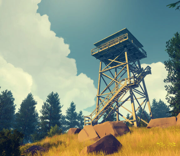 A watchtower overlooks a beautiful forest in Firewatch.