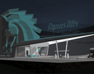 A horse head looms large over a petrol station.