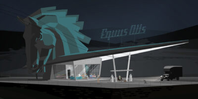 A horse head looms large over a petrol station.