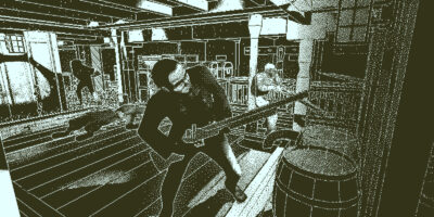 A crew mate points a gun off the ship in Return Of The Obra Dinn