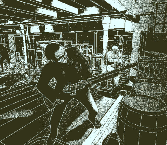 A crew mate points a gun off the ship in Return Of The Obra Dinn