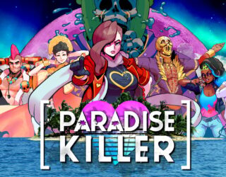 The cast of Paradise Killer stand around a vaporwave paradise looking all sexy