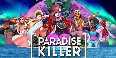 The cast of Paradise Killer stand around a vaporwave paradise looking all sexy