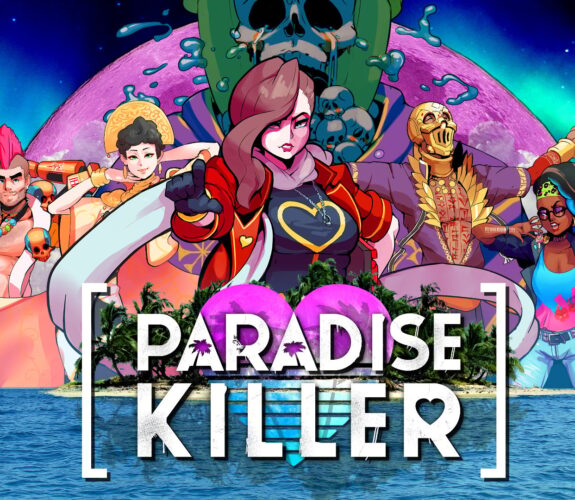 The cast of Paradise Killer stand around a vaporwave paradise looking all sexy