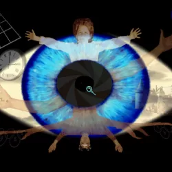 A giant blue eye overlaid with the spread-armed images of a young boy and an older man.