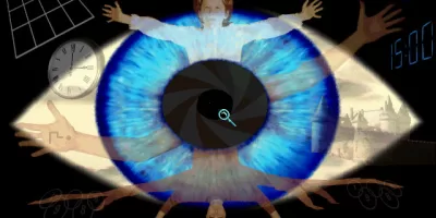 A giant blue eye overlaid with the spread-armed images of a young boy and an older man.