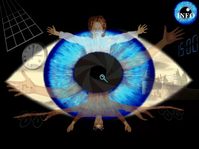 A giant blue eye overlaid with the spread-armed images of a young boy and an older man.