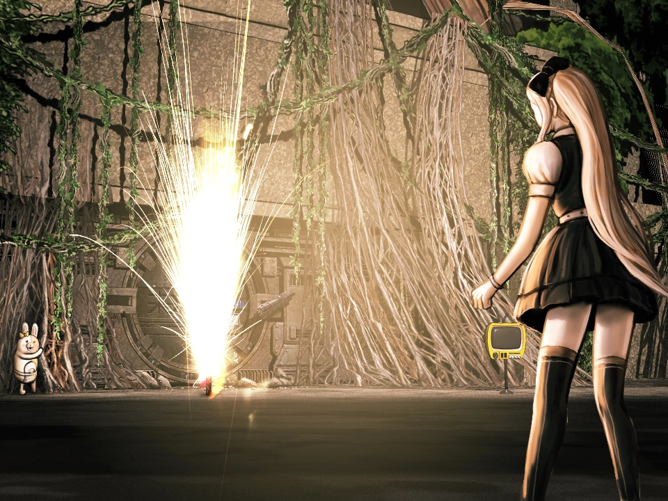 Sonia lets off fireworks outside of the ancient landmark/high school building in Danganronpa 2, watched by Monomi.