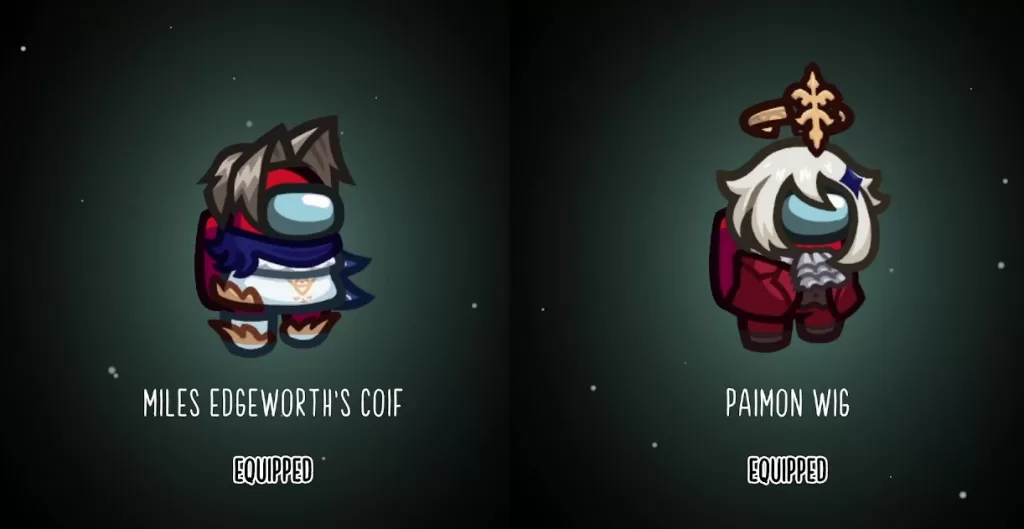 Two Among Us beans: one with Miles Edgeworth's hair and Paimon's outfit, the other with Paimon's hair and Edgeworth's outfit.