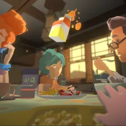 First-person perspective of a psychic baby lifting a cartoon of juice around the breakfast table with their hand outstretched.