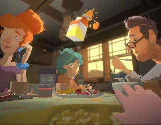 First-person perspective of a psychic baby lifting a cartoon of juice around the breakfast table with their hand outstretched.