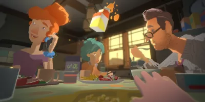 First-person perspective of a psychic baby lifting a cartoon of juice around the breakfast table with their hand outstretched.