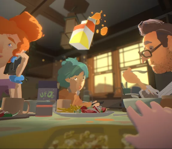 First-person perspective of a psychic baby lifting a cartoon of juice around the breakfast table with their hand outstretched.