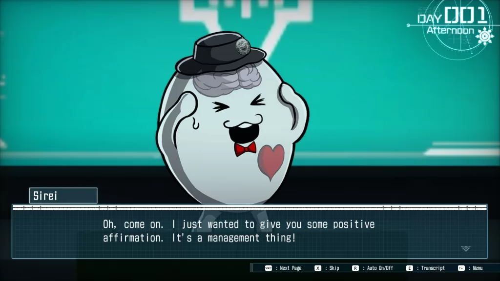 The Hundred Line: Last Defense Academy's mandatory unsettling mascot Sirei, a small see-through gelatinous blob with a visible brain and heart wearing a hat and bowtie. He clutches his head and shouts at his students: "Oh, come on. I just wanted to give you some positive affirmation. It's a management thing!"