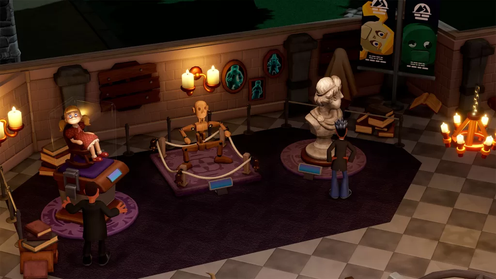 A spooky exhibit in a Two Point Museum showcases an eerie little girl doll staring right at the camera, a life-sized articulated wooden mannequin, and a larger-than-life classical bust of a head facing away, along with several ghostly photographs.