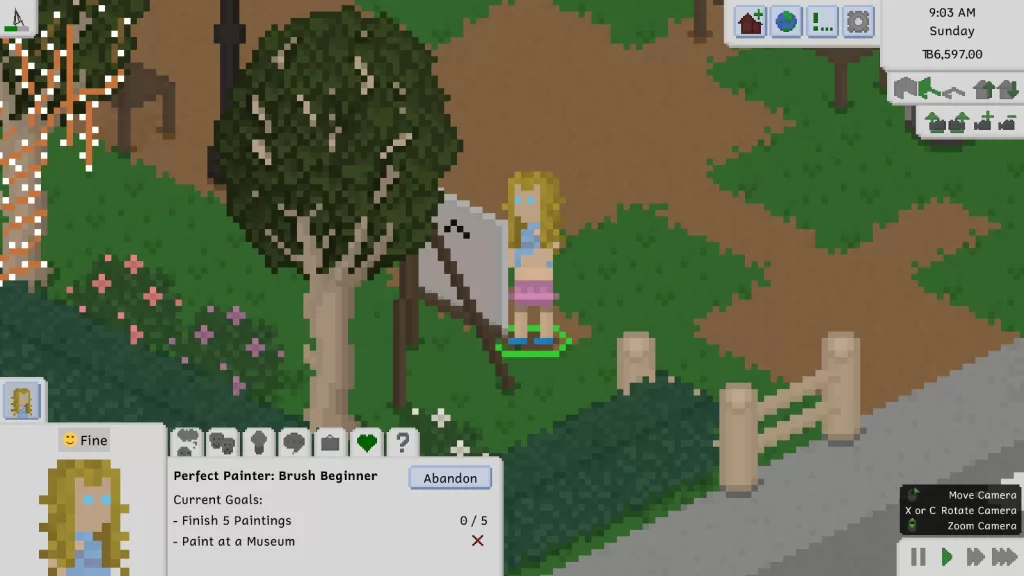 A female Tiny with blonde hair, blue eyes, a blue crop top, pink skirt, and blue shoes paints on an easel in a park area.