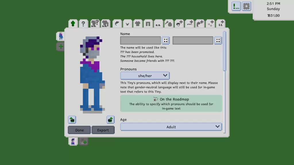 A female Tiny with short purple hair, wearing silver headphones and a silver face mask, along with a purple scarf over a blue boiler suit and shoes.