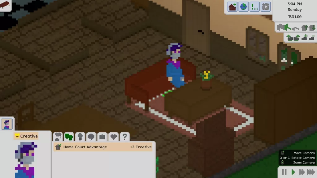 A female Tiny with short purple hair, wearing silver headphones and a silver face mask, along with a purple scarf over a blue boiler suit and shoes. She's sitting in a living room looking at the space where a TV would be if this was a more expensive starter home.