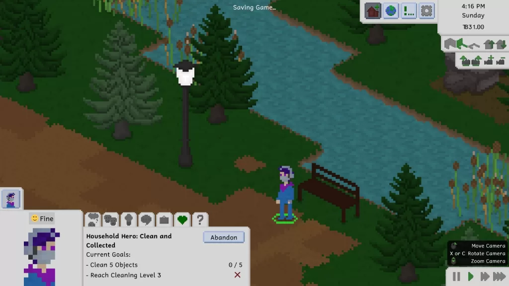 A female Tiny with short purple hair, wearing silver headphones and a silver face mask, along with a purple scarf over a blue boiler suit and shoes. She's standing near a riverside in a park, next to a bench.