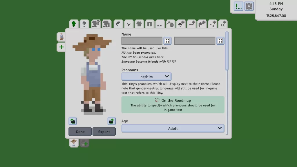 A male Tiny with blonde hair and blue eyes wearing a wide straw sunhat, a blue vest over a white t-shirt, brown shorts, and dark boots.