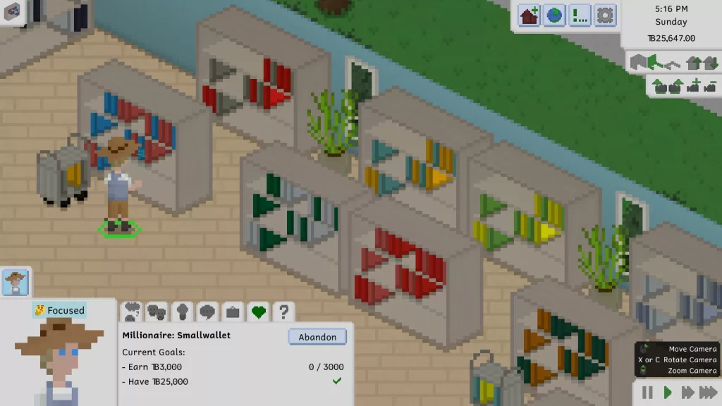 A male Tiny with blonde hair and blue eyes wearing a wide straw sunhat, a blue vest over a white t-shirt, brown shorts, and dark boots. He's standing in a library next to a shelf of blue and red books.