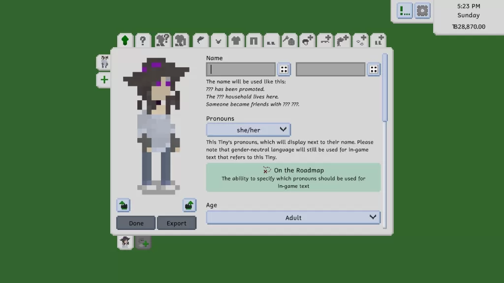 A female Tiny with dark hair and purple eyes, wearing a broad-brimmed black hat with purple trim, along with a grey poncho, blue jeans, and white trainers.