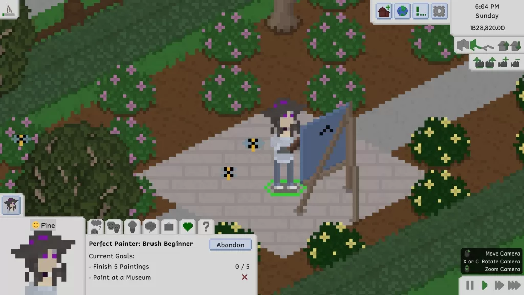 A female Tiny with dark hair and purple eyes, wearing a broad-brimmed black hat with purple trim, along with a grey poncho, blue jeans, and white trainers. She's standing in a park with bees buzzing around her, painting at an easel.