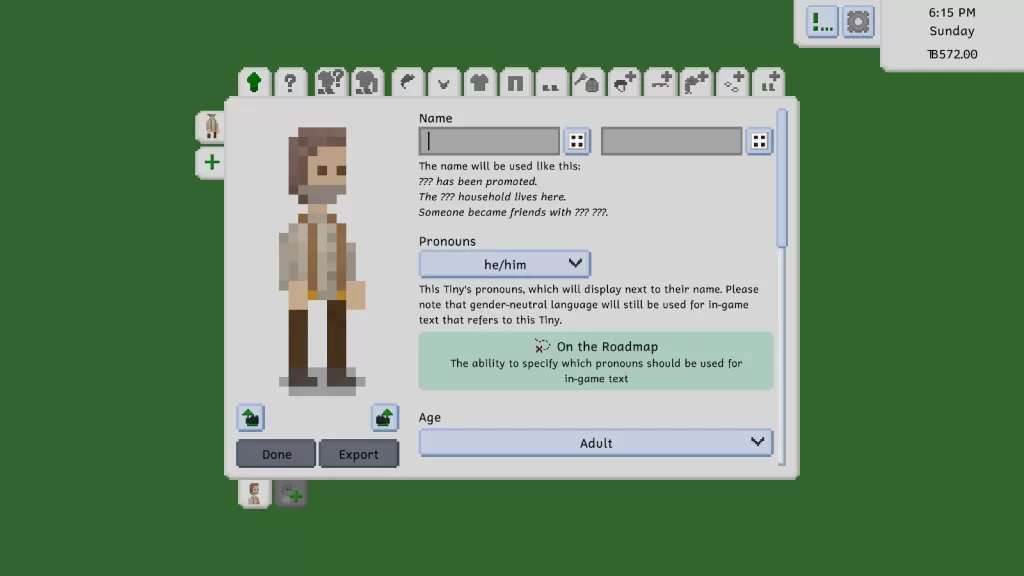 A  male Tiny with sandy-brown hair, wearing a beige shirt with suspenders, brown slacks, and grey boots.