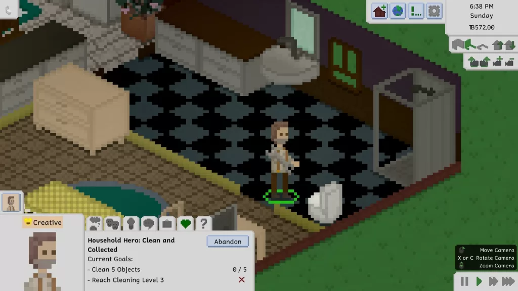 A  male Tiny with sandy-brown hair, wearing a beige shirt with suspenders, brown slacks, and grey boots. He's holding a wrench and fixing a toilet in a suburban bathroom.