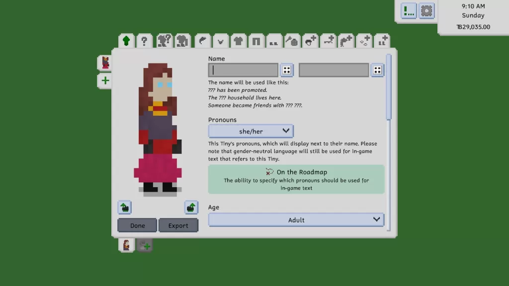 A female tiny with long red-brown hair, blue eyes, wearing a black and red top, a gold necklace, red skirt and black boots.