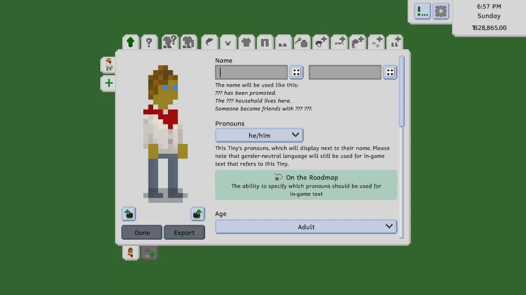 A male Tiny with yellowish skin, gingerish hair, and blue eyes, wearing a red scarf over a white shirt with grey trousers and shoes.