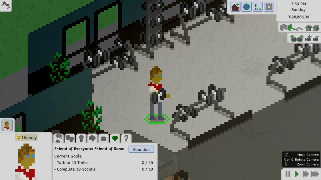 A male Tiny with yellowish skin, gingerish hair, and blue eyes, wearing a red scarf over a white shirt with grey trousers and shoes. He's standing in a gym lifting weights.