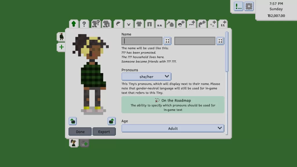 A female Tiny with dark hair in a high dreadlocked ponytail, wearing yellow headphones, a black choker, a green and black checked shirt, torn black jeans, and yellow sneakers.