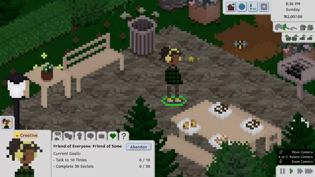 A female Tiny with dark hair in a high dreadlocked ponytail, wearing yellow headphones, a black choker, a green and black checked shirt, torn black jeans, and yellow sneakers. She's standing in a park next to a grill and a picnic table covered in plates of food.