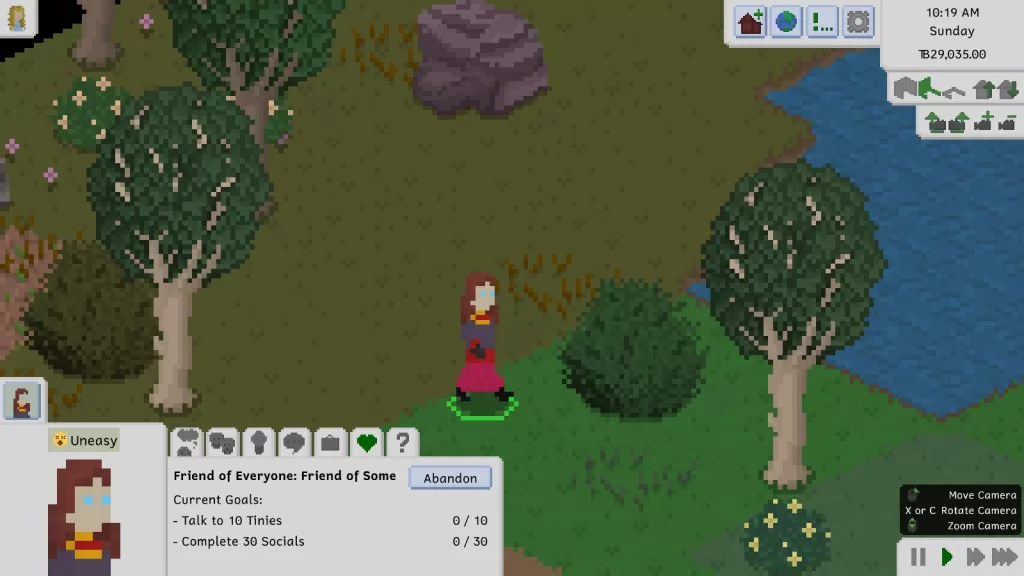 A female tiny with long red-brown hair, blue eyes, wearing a black and red top, a gold necklace, red skirt and black boots walks through a park area by a small lake.