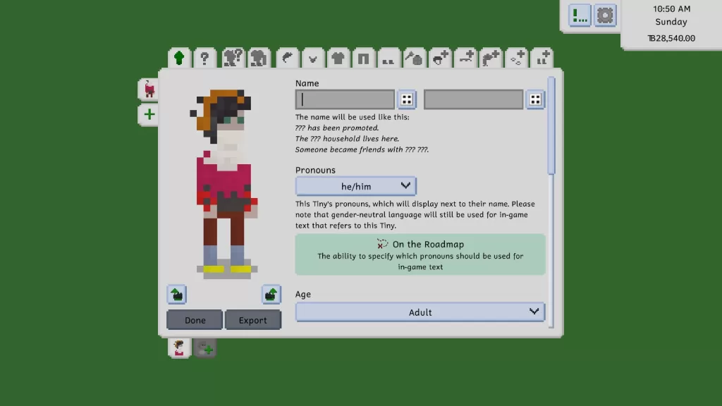 A male Tiny with dark hair and green eyes, wearing orange headphones (technically) and a white scarf (technically), as well as a red sweater, brown slacks, grey socks, and yellow shoes.