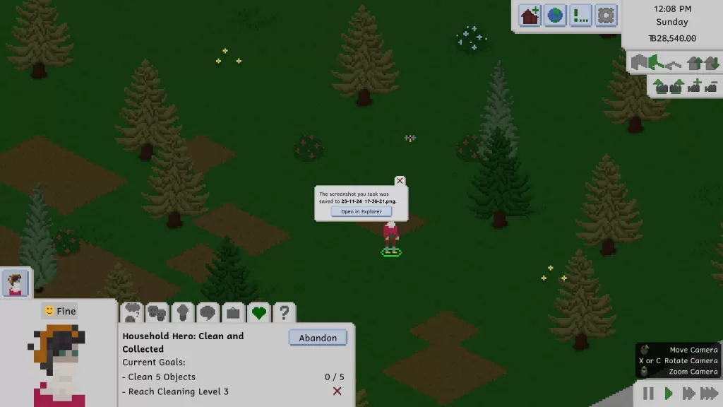 A male Tiny with dark hair and green eyes, wearing orange headphones (technically) and a white scarf (technically), as well as a red sweater, brown slacks, grey socks, and yellow shoes walks through a woodland area (sorry about the UI).