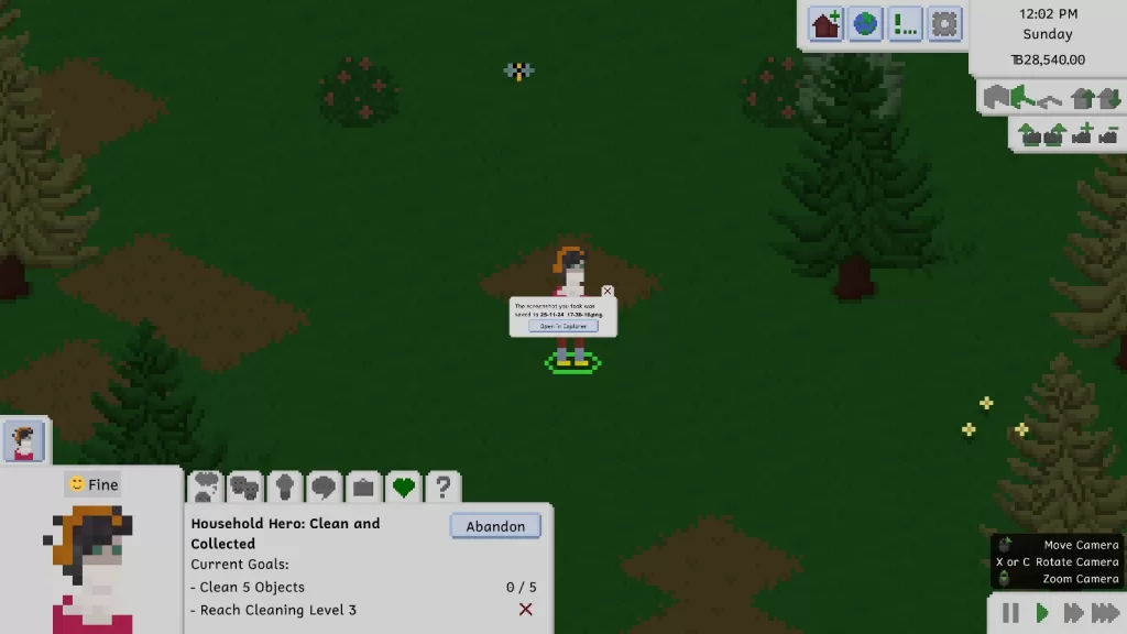 A male Tiny with dark hair and green eyes, wearing orange headphones (technically) and a white scarf (technically), as well as a red sweater, brown slacks, grey socks, and yellow shoes walks through a woodland area (sorry about the UI).