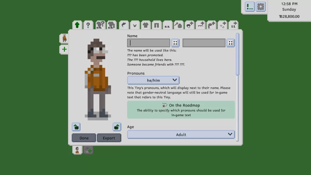 A male Tiny with short dark hair, thick glasses, a moustache, an orange jacket, and neutral-toned trousers and shoes.