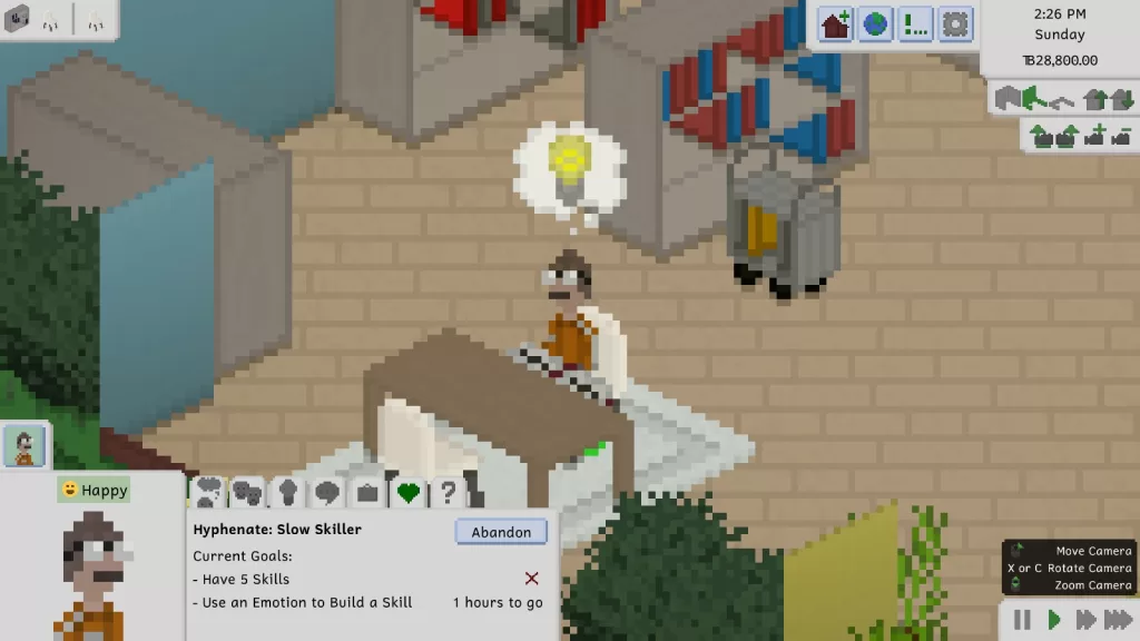 A male Tiny with short dark hair, thick glasses, a moustache, an orange jacket, and neutral-toned trousers and shoes reads a book in a library.