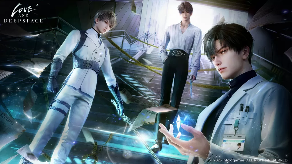 The original Love and Deepspace trio of Xavier (in a white hunter's uniform wielding a sword), Rafayel (in a frilly white shirt and tight black trouses holding a knife), and Zayne (in a white doctor's lab coat over a black turtle-kneck, summoning a blue plumbob orb on one hand) stand on a dimly-lit stairwell that disappears up into the light, with yellow hazard tape strung across it. Newspapers and bright abstract lights fall down towards the bottom of the image.
