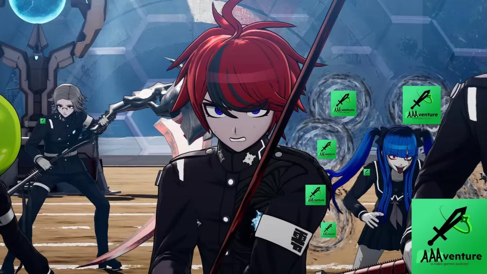 The lead cast of The Hundred Line: Last Defense Academy prepare for battle. Their uniform insignia and several weapons have been replaced by the AAAventure logo.