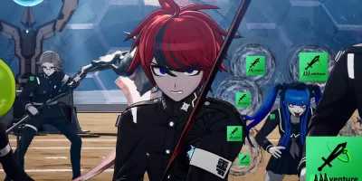 The lead cast of The Hundred Line: Last Defense Academy prepare for battle. Their uniform insignia and several weapons have been replaced by the AAAventure logo.