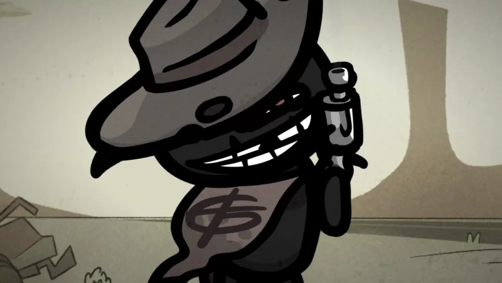 A cowboy cat stares menacingly at the camera, revolver in hand.