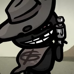 A cowboy cat stares menacingly at the camera, revolver in hand.