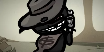 A cowboy cat stares menacingly at the camera, revolver in hand.